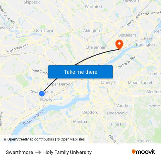 Swarthmore to Holy Family University map