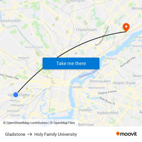 Gladstone to Holy Family University map