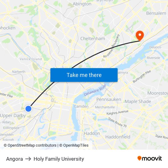 Angora to Holy Family University map