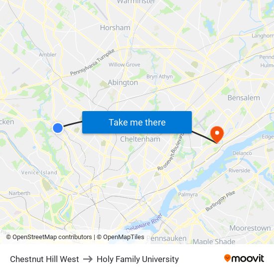 Chestnut Hill West to Holy Family University map