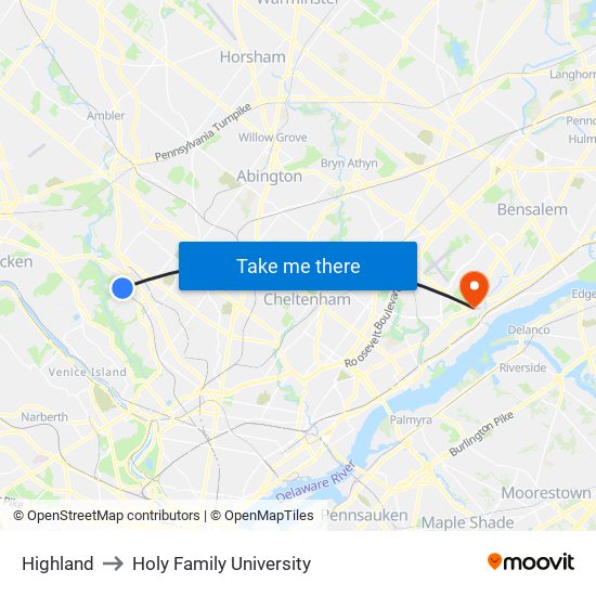 Highland to Holy Family University map