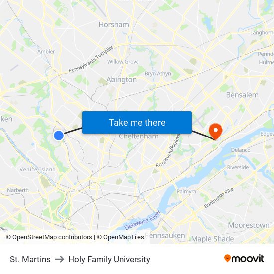 St. Martins to Holy Family University map