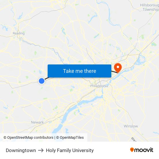 Downingtown to Holy Family University map