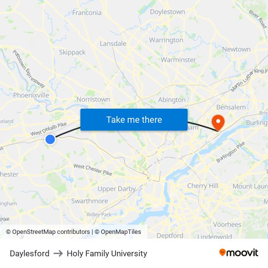 Daylesford to Holy Family University map