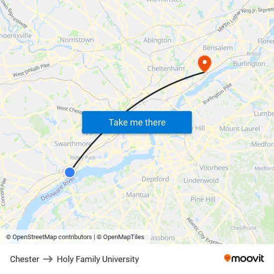Chester to Holy Family University map