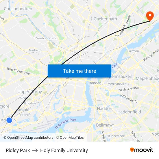 Ridley Park to Holy Family University map