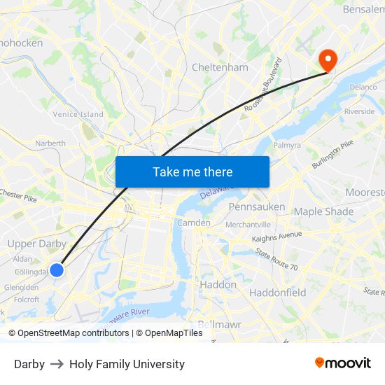 Darby to Holy Family University map