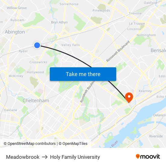 Meadowbrook to Holy Family University map