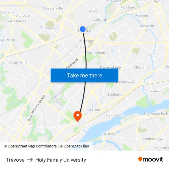 Trevose to Holy Family University map