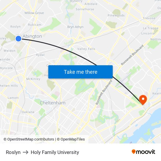 Roslyn to Holy Family University map