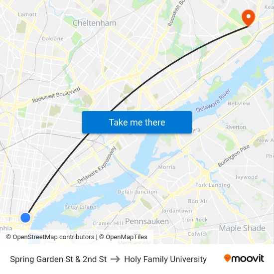 Spring Garden St & 2nd St to Holy Family University map