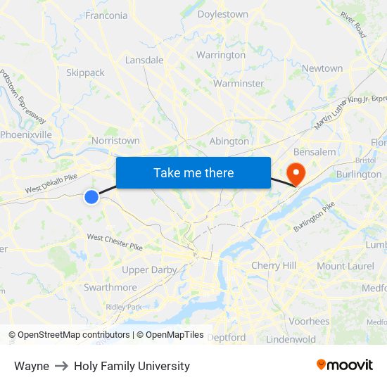 Wayne to Holy Family University map
