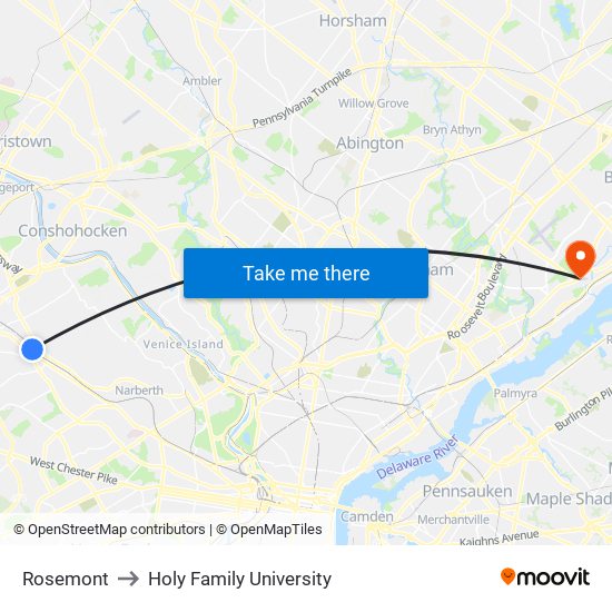 Rosemont to Holy Family University map