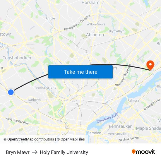 Bryn Mawr to Holy Family University map