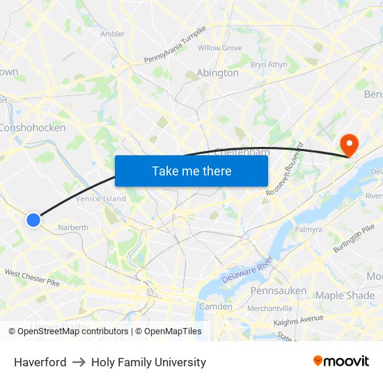 Haverford to Holy Family University map