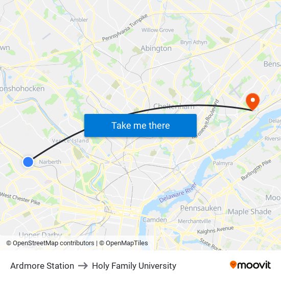 Ardmore Station to Holy Family University map