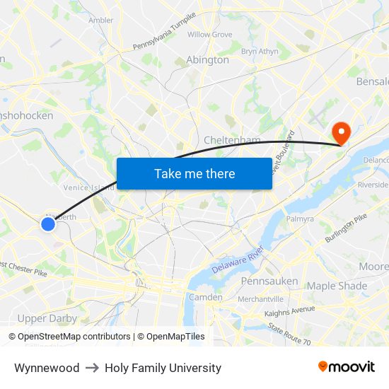 Wynnewood to Holy Family University map