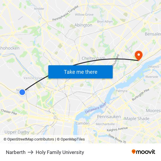Narberth to Holy Family University map