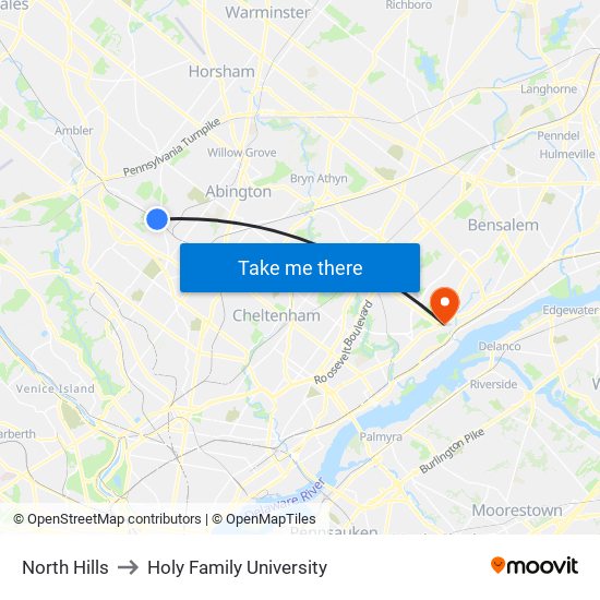 North Hills to Holy Family University map