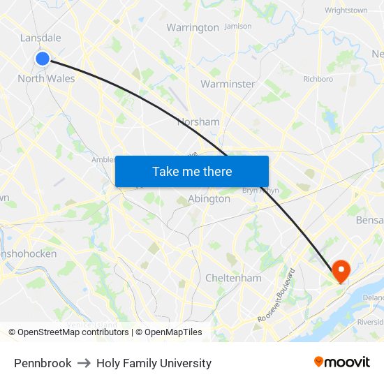 Pennbrook to Holy Family University map