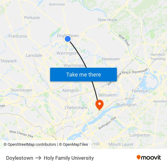 Doylestown to Holy Family University map