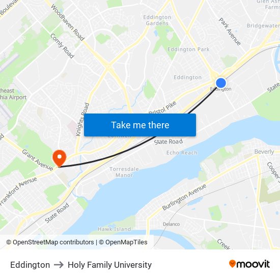 Eddington to Holy Family University map