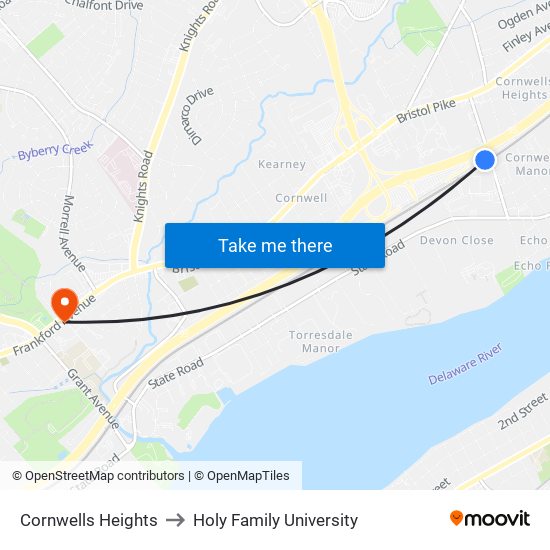 Cornwells Heights to Holy Family University map