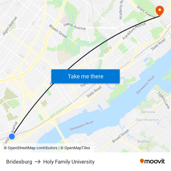 Bridesburg to Holy Family University map