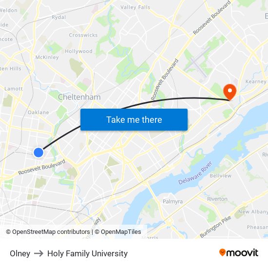 Olney to Holy Family University map