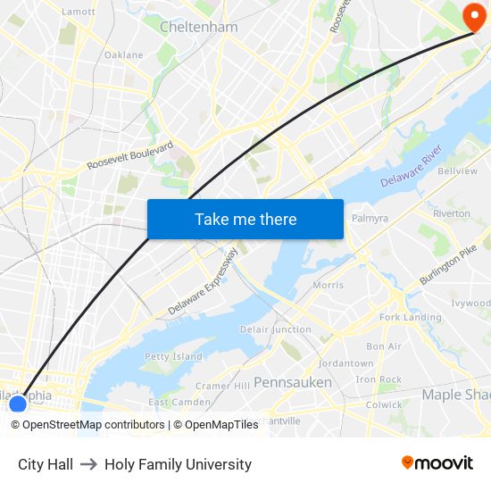 City Hall to Holy Family University map