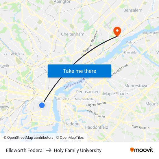 Ellsworth Federal to Holy Family University map