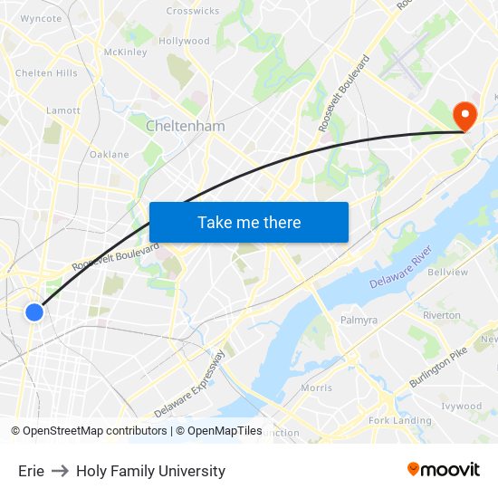 Erie to Holy Family University map