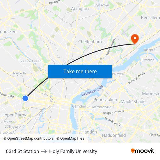 63rd St Station to Holy Family University map