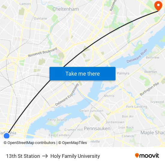 13th St Station to Holy Family University map