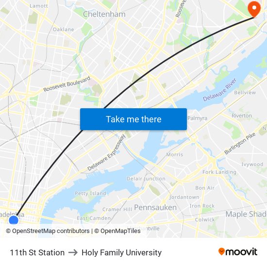 11th St Station to Holy Family University map