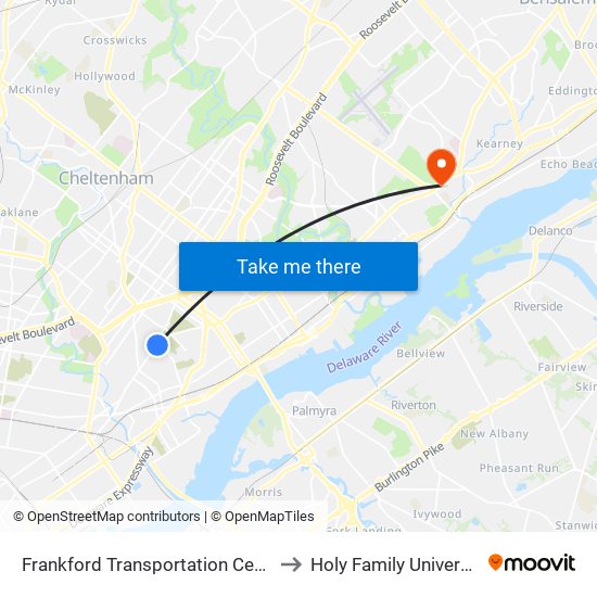 Frankford Transportation Center to Holy Family University map
