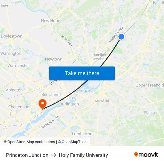 Princeton Junction to Holy Family University map