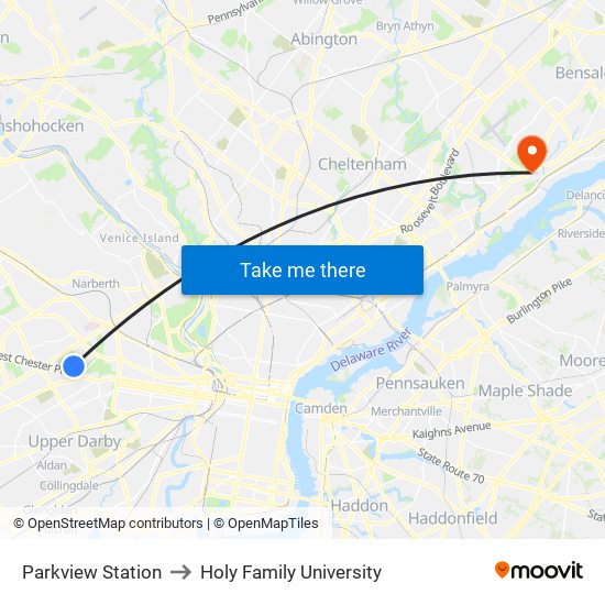 Parkview Station to Holy Family University map