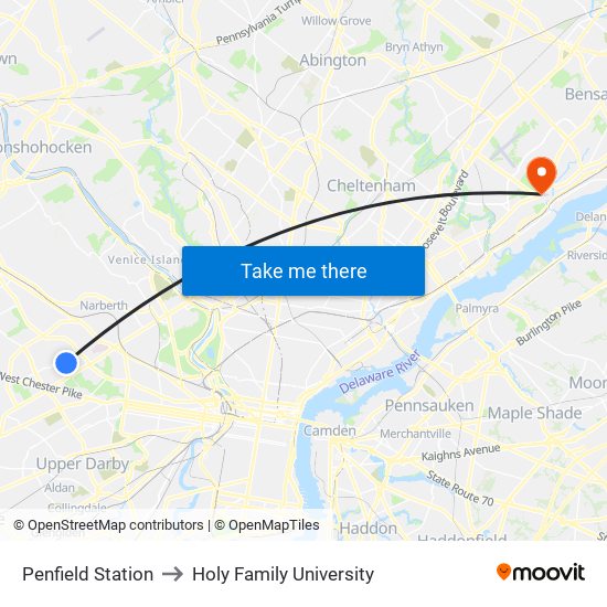 Penfield Station to Holy Family University map