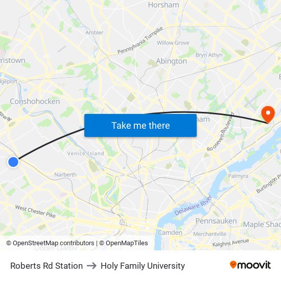 Roberts Rd Station to Holy Family University map