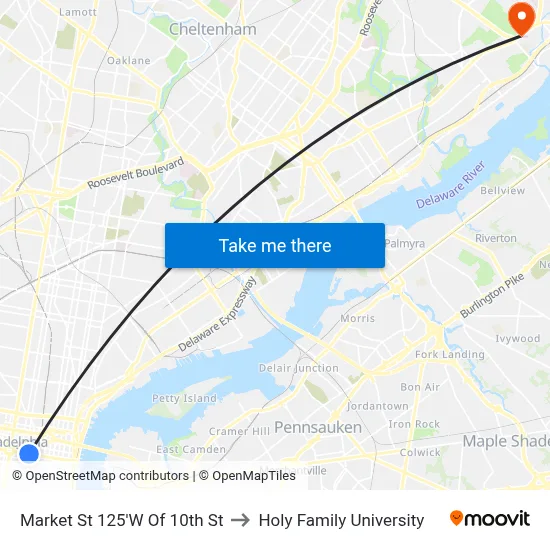 Market St 125'W Of 10th St to Holy Family University map