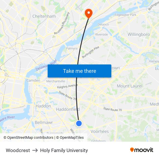 Woodcrest to Holy Family University map