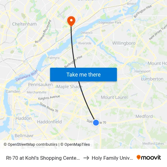 Rt-70 at Kohl's Shopping Center (Rt 73) to Holy Family University map