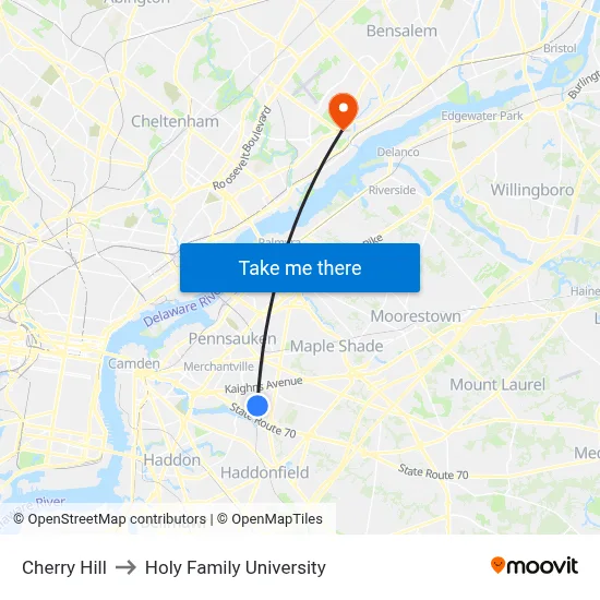 Cherry Hill to Holy Family University map