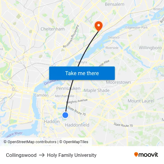 Collingswood to Holy Family University map