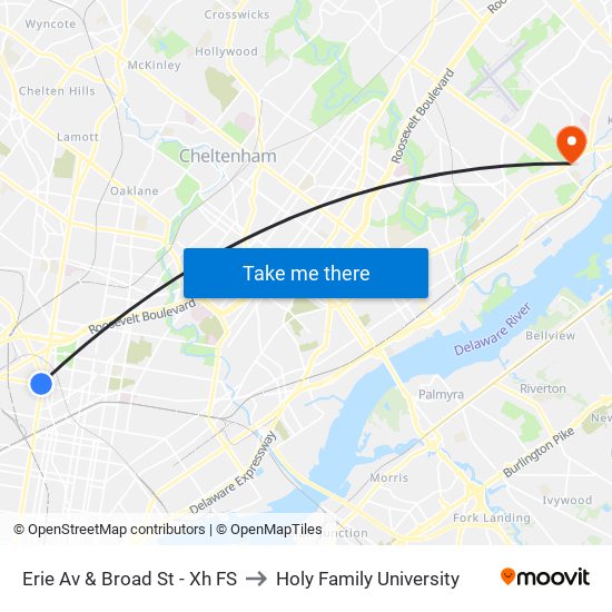 Erie Av & Broad St - Xh FS to Holy Family University map