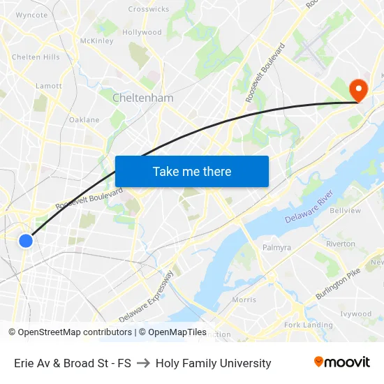 Erie Av & Broad St - FS to Holy Family University map