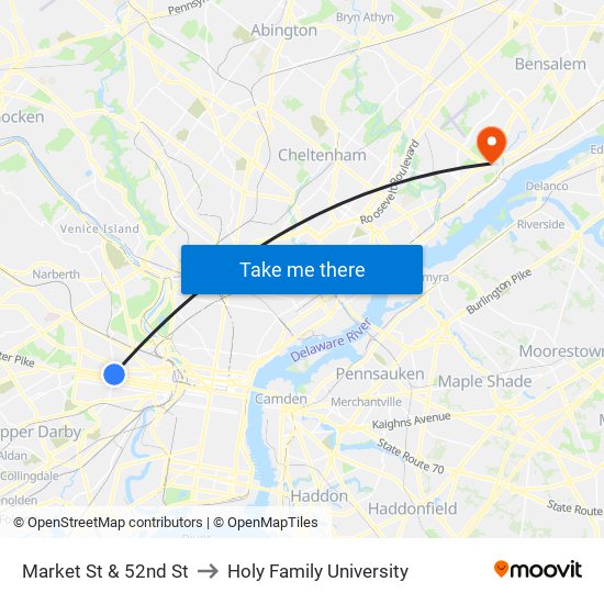 Market St & 52nd St to Holy Family University map