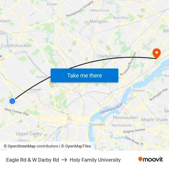 Eagle Rd & W Darby Rd to Holy Family University map