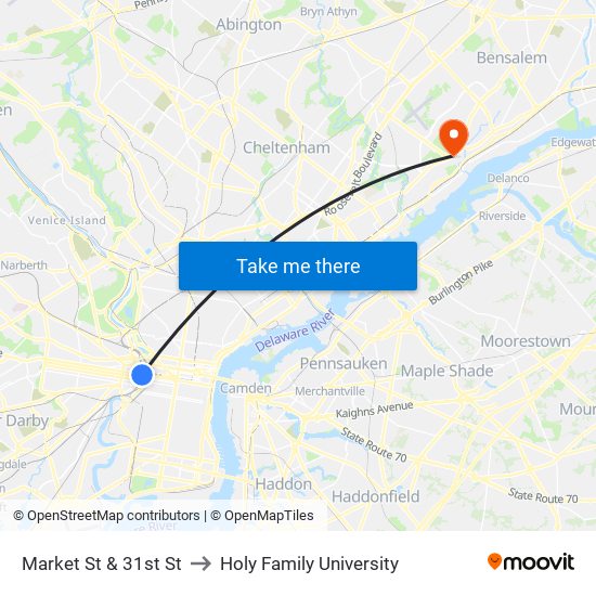 Market St & 31st St to Holy Family University map